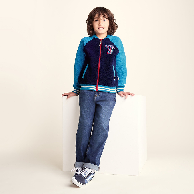 Aberfield Shaun the Sheep Kids Sherpa Varsity Bomber Jacket - Night Blue/Bondi Blue