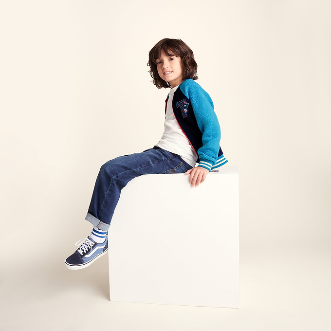 Aberfield Shaun the Sheep Kids Sherpa Varsity Bomber Jacket - Night Blue/Bondi Blue