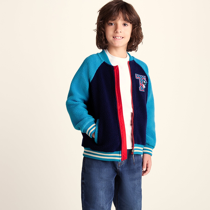 Aberfield Shaun the Sheep Kids Sherpa Varsity Bomber Jacket - Night Blue/Bondi Blue