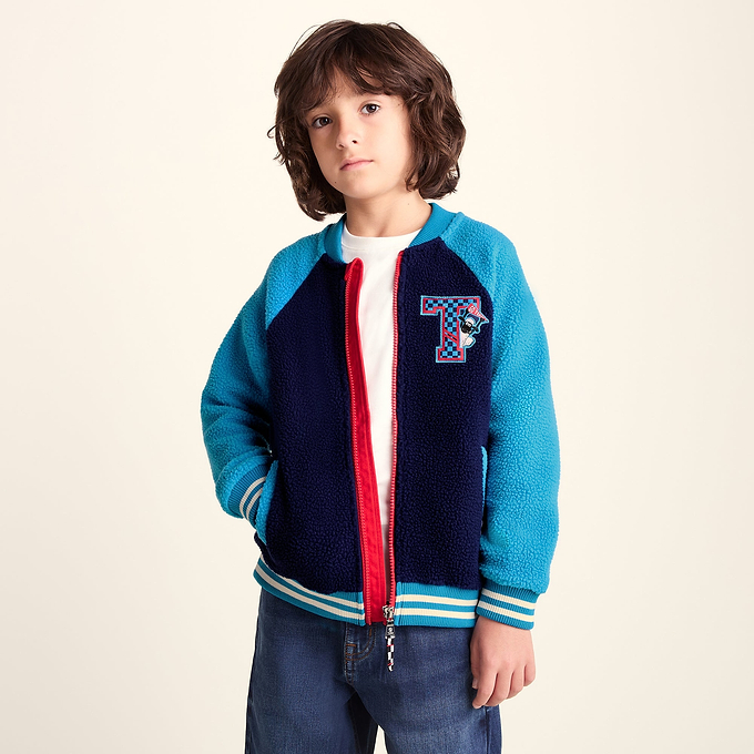 Aberfield Shaun the Sheep Kids Sherpa Varsity Bomber Jacket - Night Blue/Bondi Blue