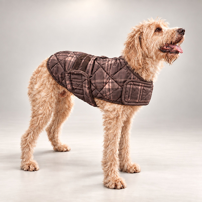 Bark Checked Padded Dog Coat - Chocolate Brown