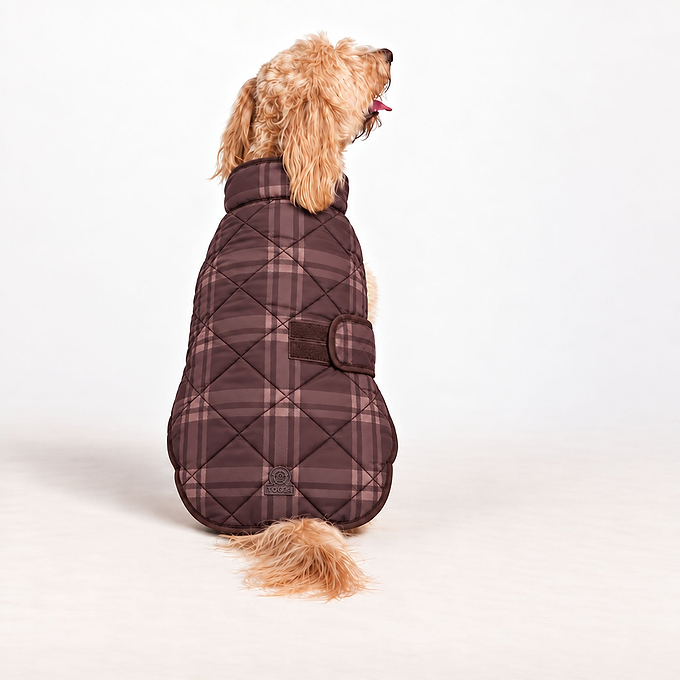 Bark Checked Padded Dog Coat - Chocolate Brown
