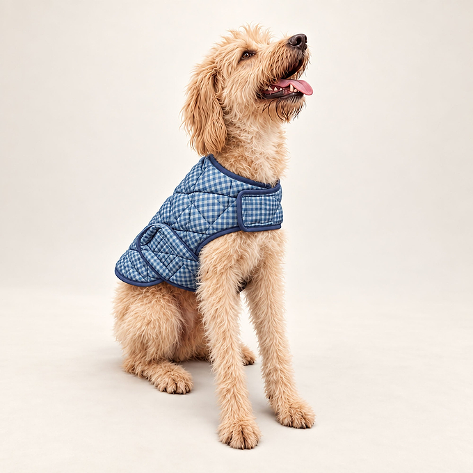 Bark Gingham Printed Padded Dog Coat - Navy/Grey Gingham