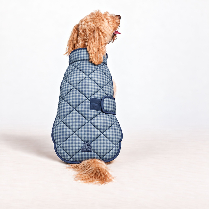 Bark Gingham Printed Padded Dog Coat - Navy/Grey Gingham