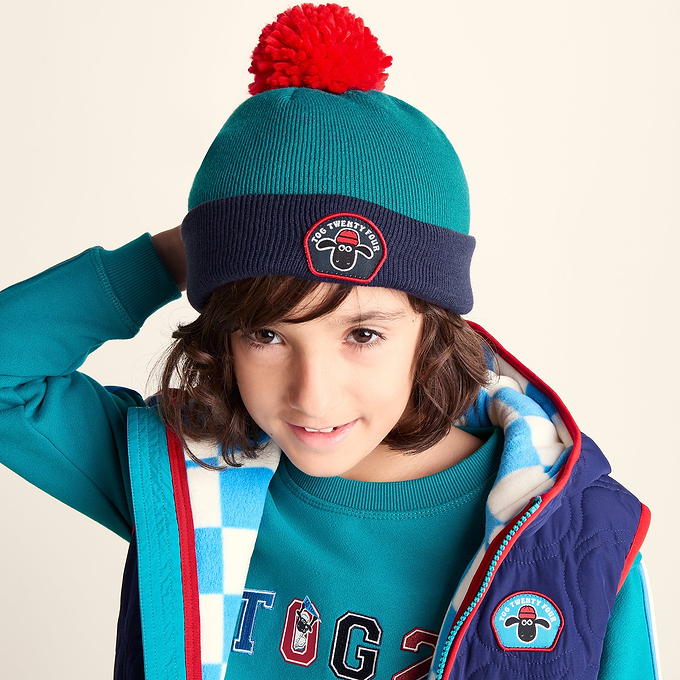 Beulah Shaun the Sheep Kids Knitted Beanie Pom Pom Hat - Peacock Green/Night Blue