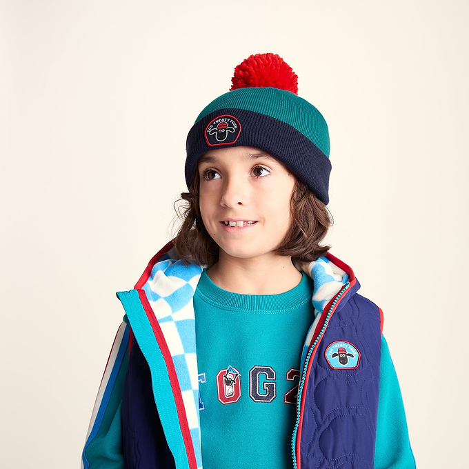 Beulah Shaun the Sheep Kids Knitted Beanie Pom Pom Hat - Peacock Green/Night Blue