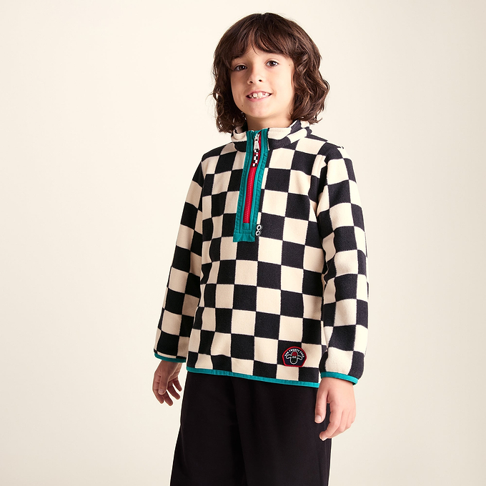 Brecknock Kids Shaun the Sheep Fleece Zip Neck - Woolly/Black Checkerboard