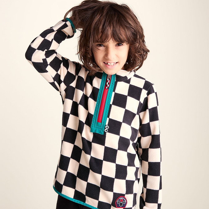 Brecknock Kids Shaun the Sheep Fleece Zip Neck - Woolly/Black Checkerboard
