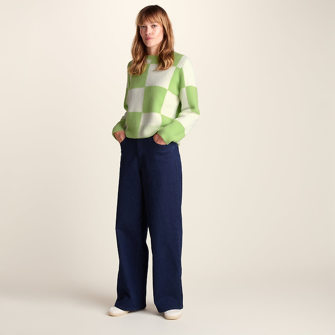 Celeste Womens Checkerboard Chunky Knit Jumper - Lemon Lime