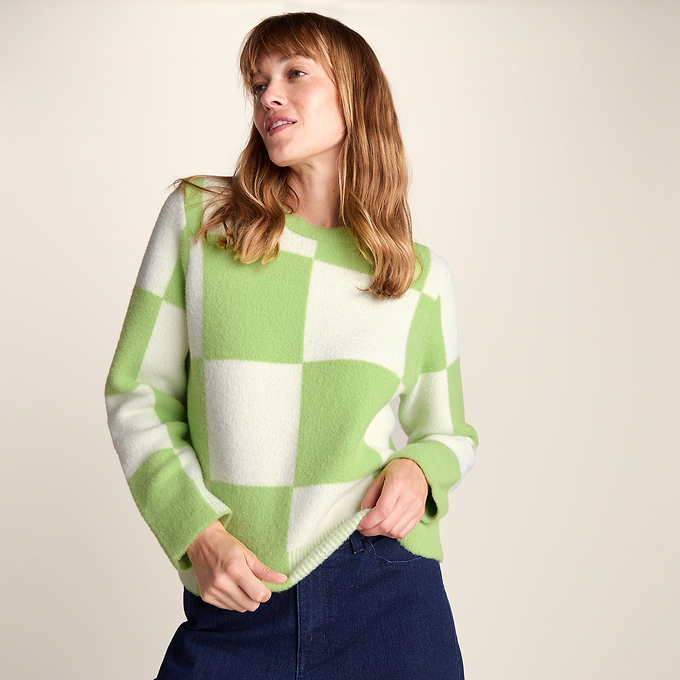 Celeste Womens Checkerboard Chunky Knit Jumper - Lemon Lime