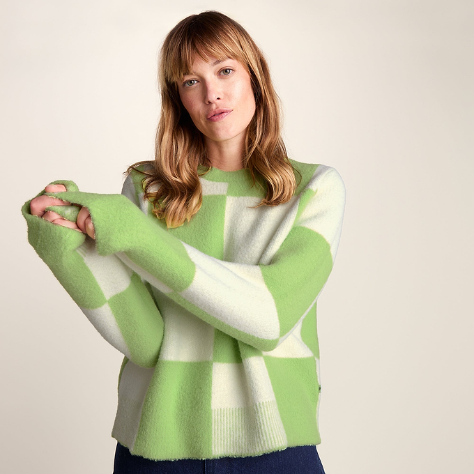 Celeste Womens Checkerboard Chunky Knit Jumper - Lemon Lime