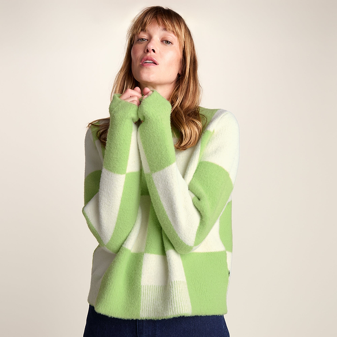Celeste Womens Checkerboard Chunky Knit Jumper - Lemon Lime