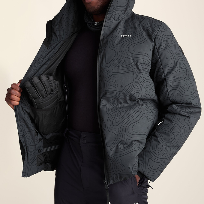Davos Mens Shower Resistant Insulated Ski Jacket - Black Terrain Print