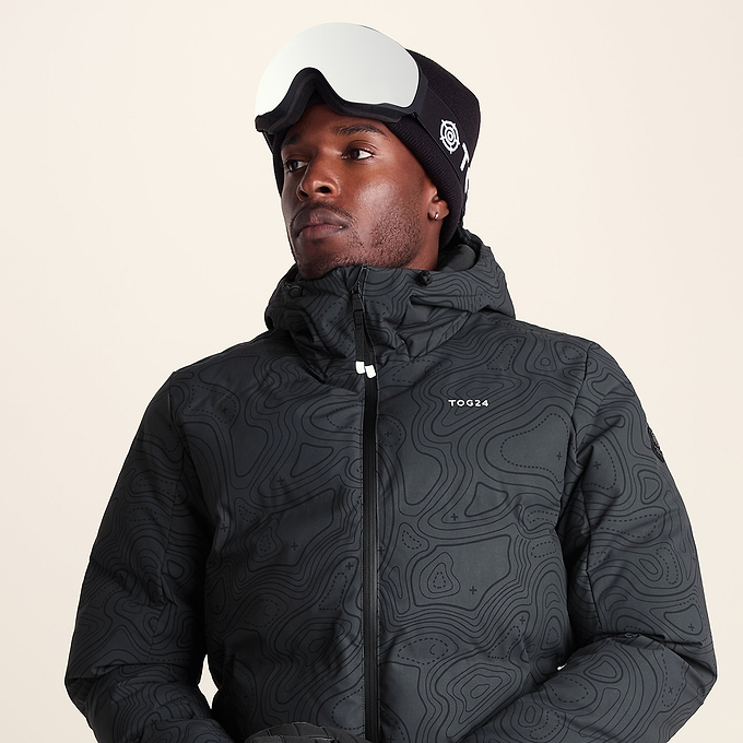 Davos Mens Shower Resistant Insulated Ski Jacket - Black Terrain Print