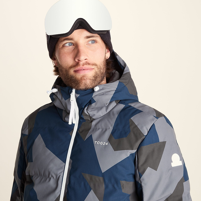 Davos Mens Shower Resistant Insulated Ski Jacket - Blue Geo Camo Print