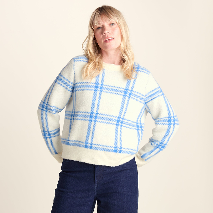 Delilah Womens Checked Chunky Knit Jumper - Vanilla & Cobalt Check