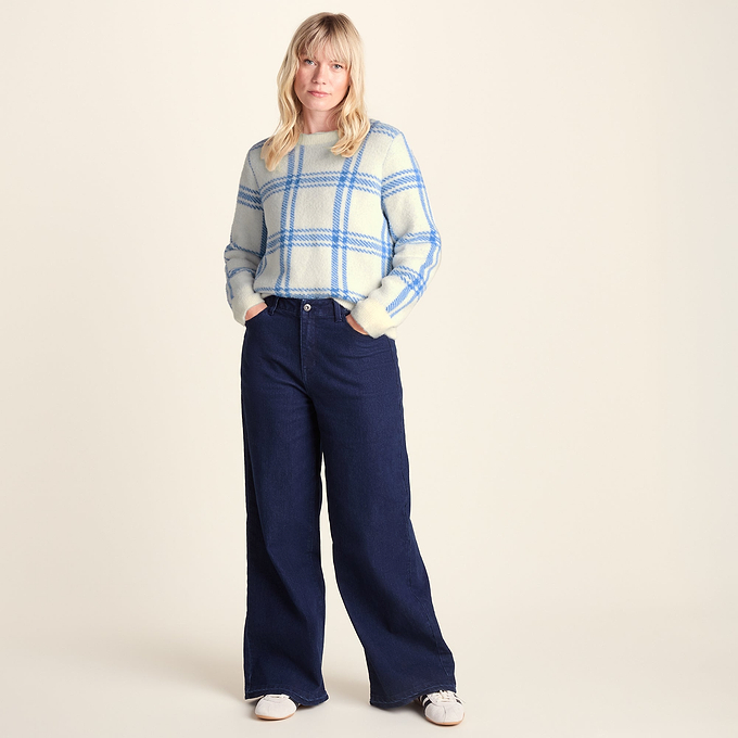 Delilah Womens Checked Chunky Knit Jumper - Vanilla & Cobalt Check