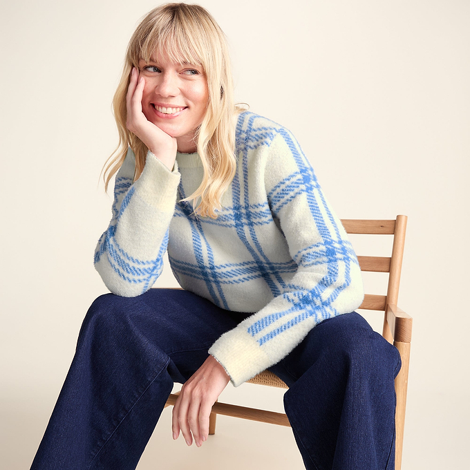 Delilah Womens Checked Chunky Knit Jumper - Vanilla & Cobalt Check