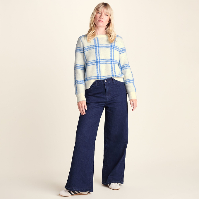 Delilah Womens Checked Chunky Knit Jumper - Vanilla & Cobalt Check