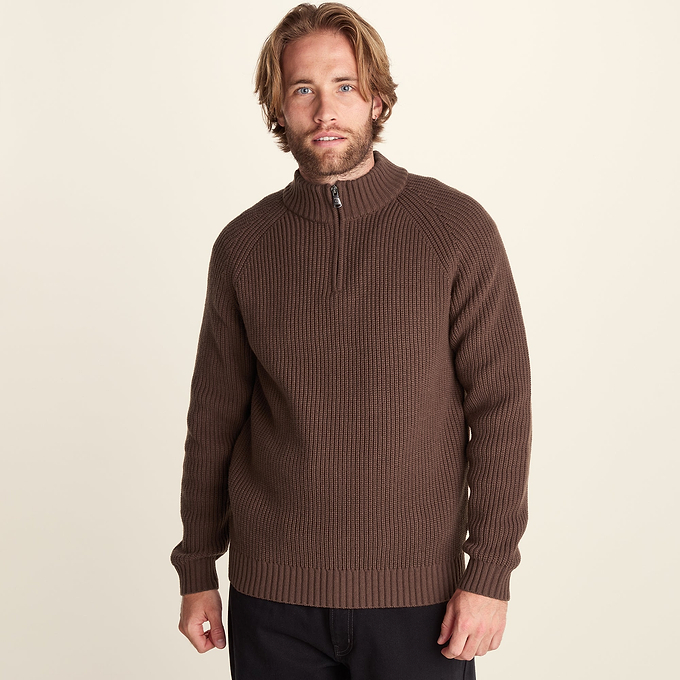 Glen Mens Chunky Knitted Zip Neck Jumper - Chestnut Brown