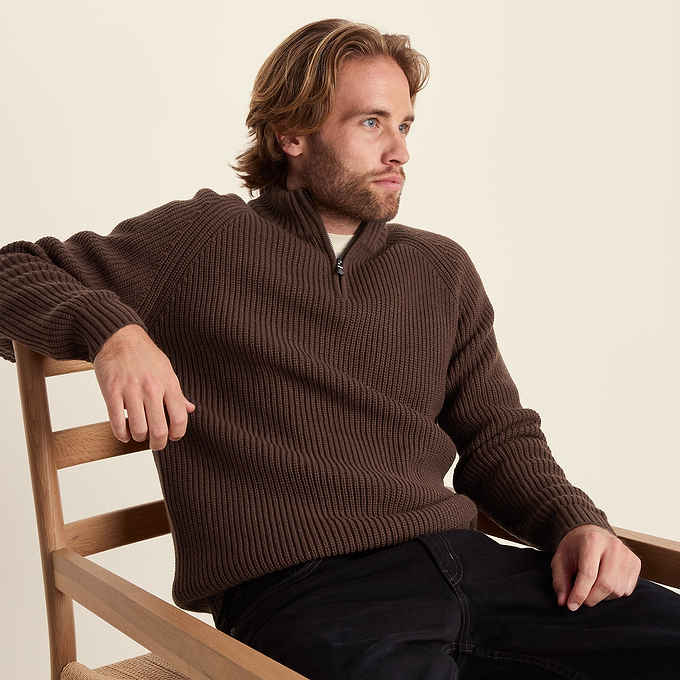 Glen Mens Chunky Knitted Zip Neck Jumper - Chestnut Brown