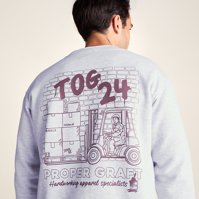Graft Mens Supersoft Graphic Print Crew Neck Sweatshirt - Light Grey Melange