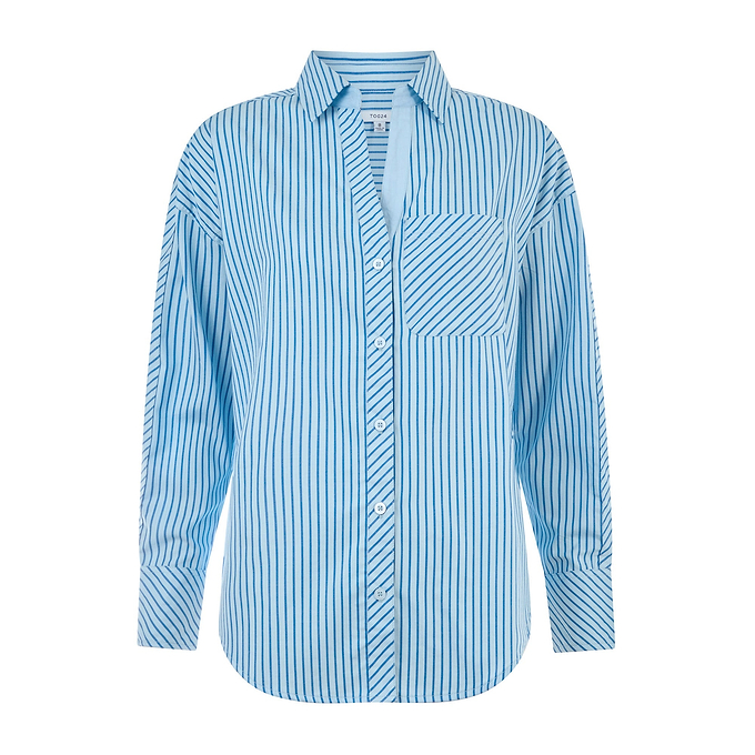 Helena Womens Oversized 100% Cotton Long Sleeve Shirt - Cobalt Blue Stripe