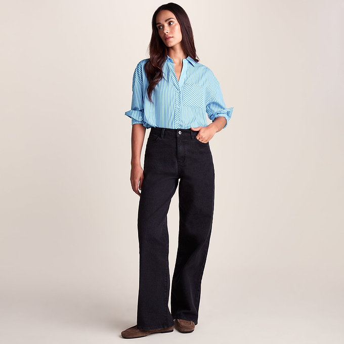 Helena Womens Oversized 100% Cotton Long Sleeve Shirt - Cobalt Blue Stripe