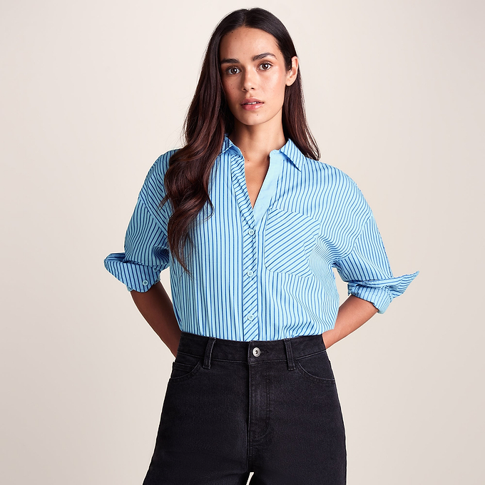 Helena Womens Oversized 100% Cotton Long Sleeve Shirt - Cobalt Blue Stripe