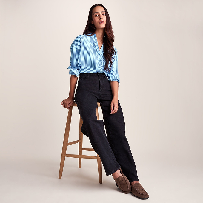 Helena Womens Oversized 100% Cotton Long Sleeve Shirt - Cobalt Blue Stripe