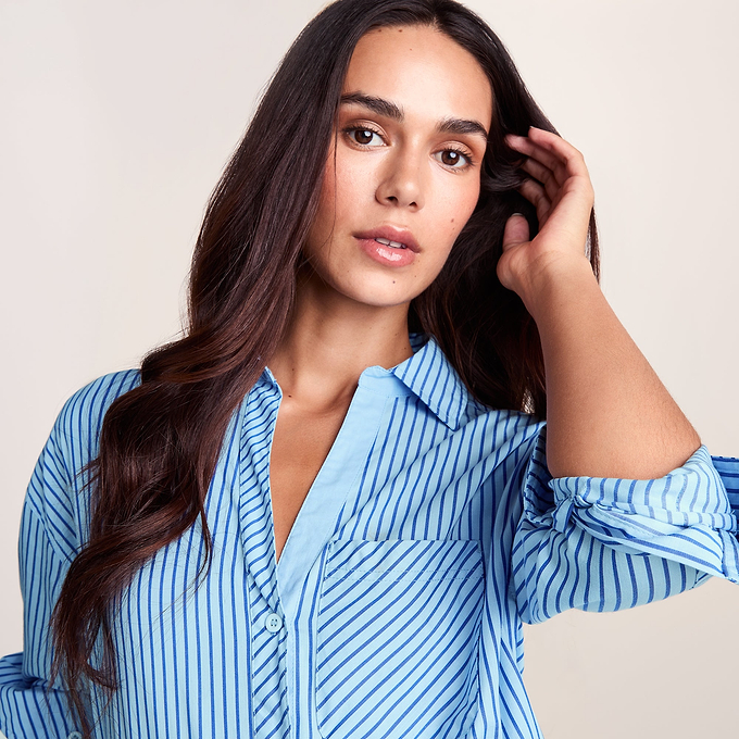 Helena Womens Oversized 100% Cotton Long Sleeve Shirt - Cobalt Blue Stripe