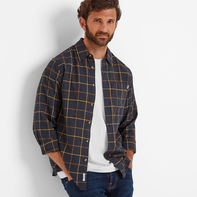 Jarvis Mens Long Sleeve Cotton Flannel Shirt - Dark Indigo Marl Check