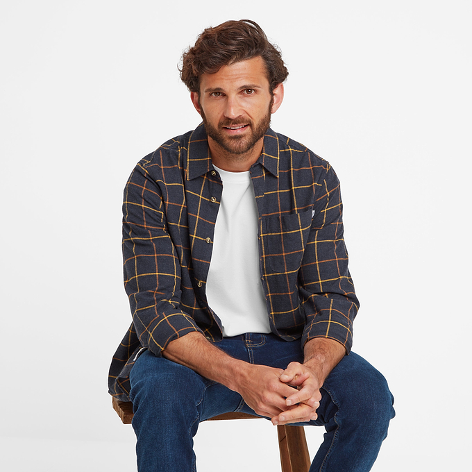 Jarvis Mens Long Sleeve Cotton Flannel Shirt - Dark Indigo Marl Check