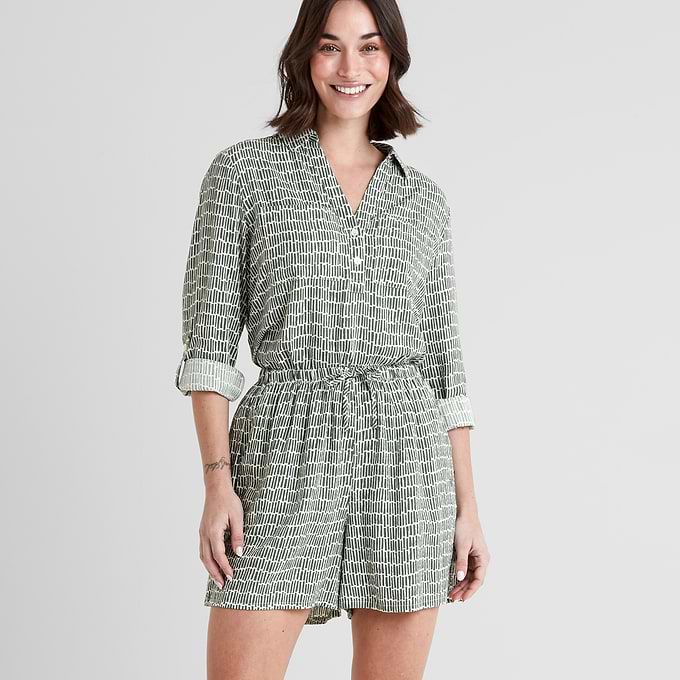 Kadina Womens Long Sleeve Shirt - Green Dash Print