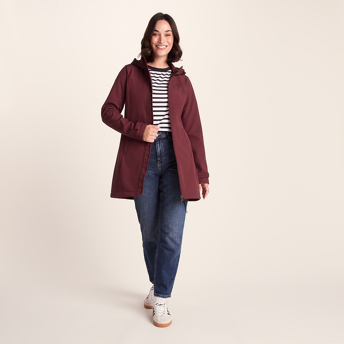 Keld Womens Long Shower Resistant Hooded Softshell Jacket - Burgundy