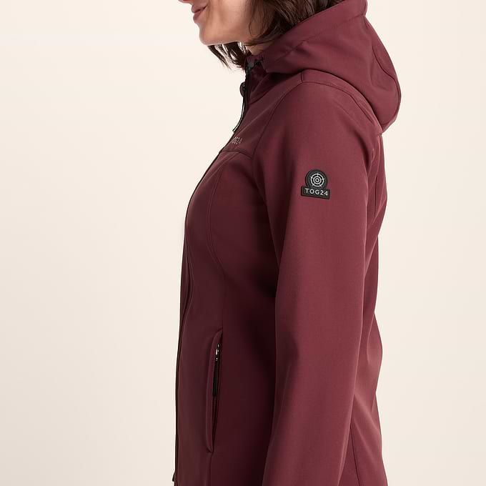 Keld Womens Long Shower Resistant Hooded Softshell Jacket - Burgundy