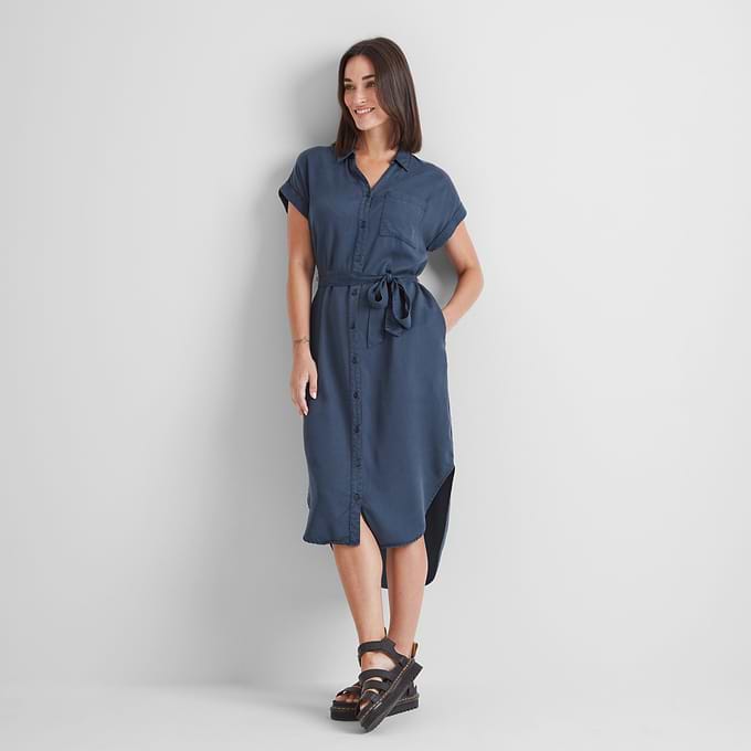 Lenira Womens Relaxed Fit Luxurious Tencel Lyocell Shirt Dress - Dark Denim