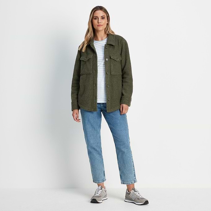Maxine Womens Supersoft Sherpa Fleece Shacket - Khaki