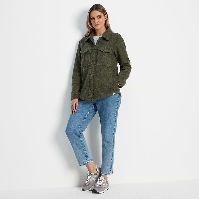 Maxine Womens Supersoft Sherpa Fleece Shacket - Khaki