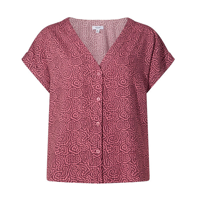 Meredith Womens Short Sleeve Supersoft Blouse - Black Raspberry Wiggle Print