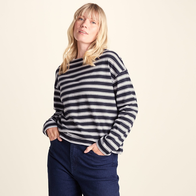Misty Womens Supersoft Cotton Striped Boat Neck T-Shirt - Deepest Blue Stripe