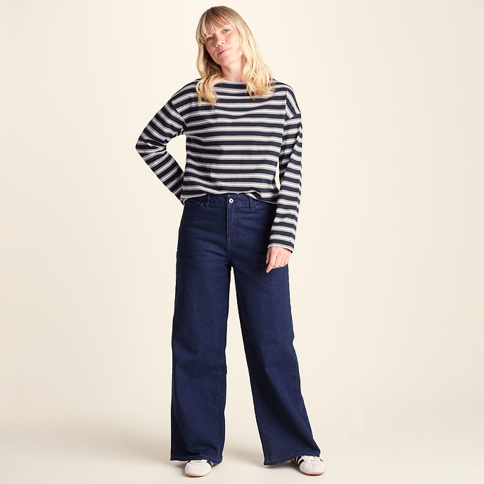 Misty Womens Supersoft Cotton Striped Boat Neck T-Shirt - Deepest Blue Stripe