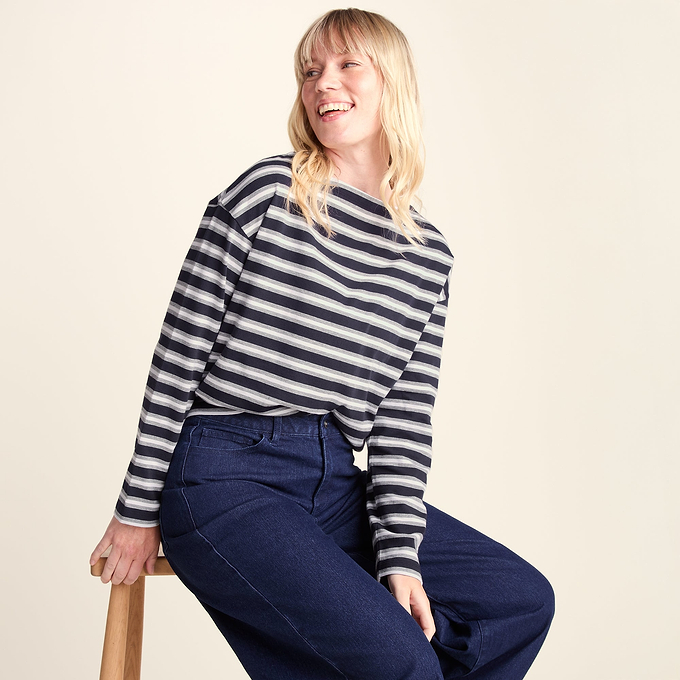 Misty Womens Supersoft Cotton Striped Boat Neck T-Shirt - Deepest Blue Stripe