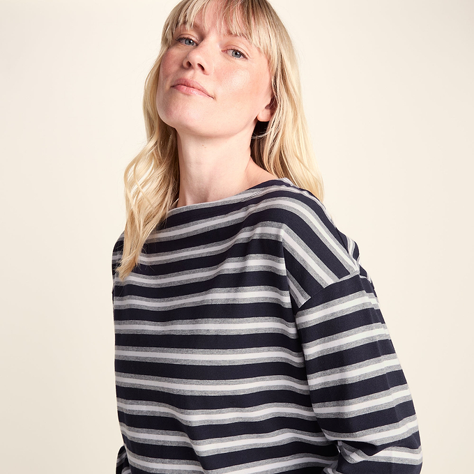 Misty Womens Supersoft Cotton Striped Boat Neck T-Shirt - Deepest Blue Stripe