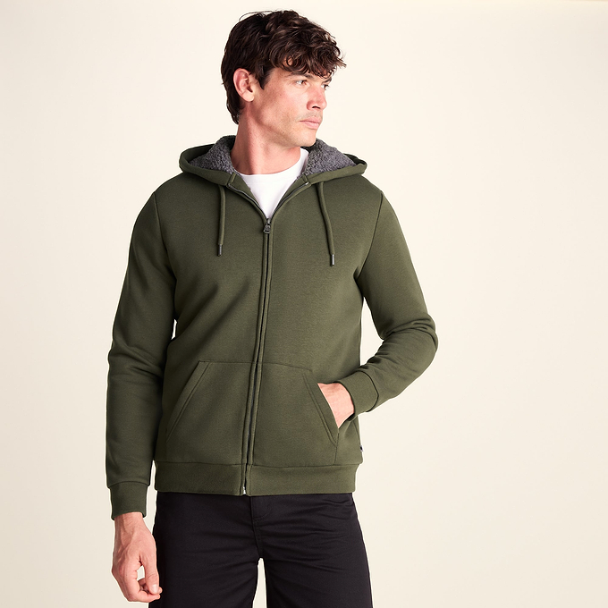 Ramsey Mens Supersoft Sherpa Lined Zip Hoodie - Khaki