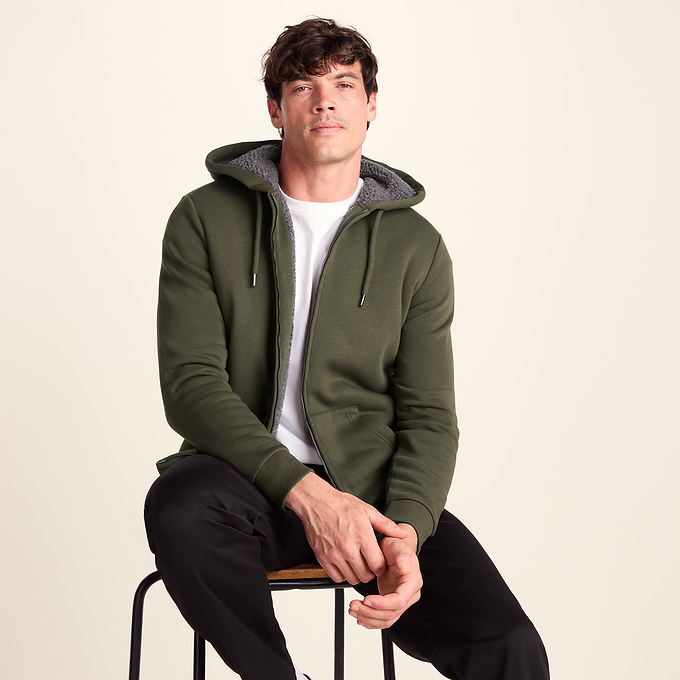 Ramsey Mens Supersoft Sherpa Lined Zip Hoodie - Khaki