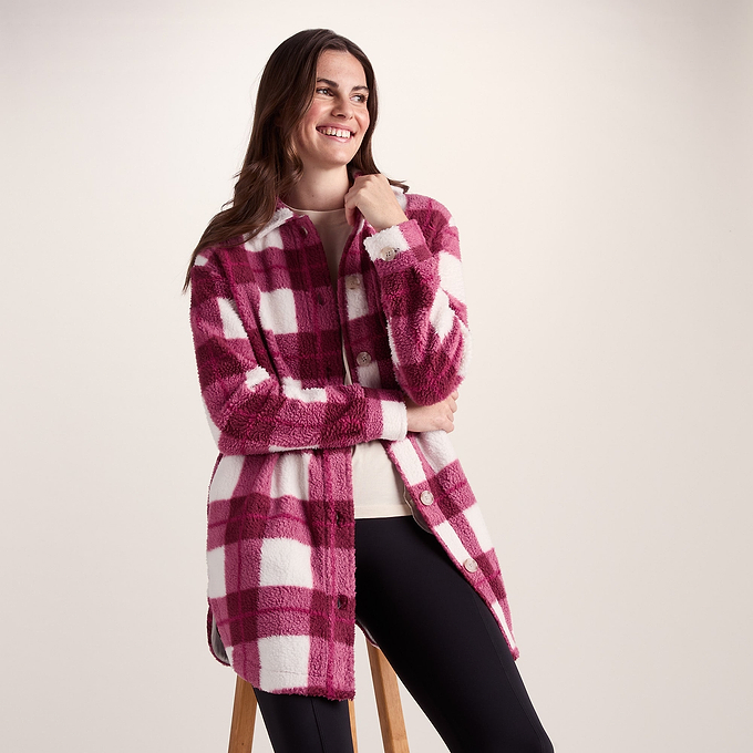 Sally Womens Sherpa Fleece Shacket - Burgundy Check