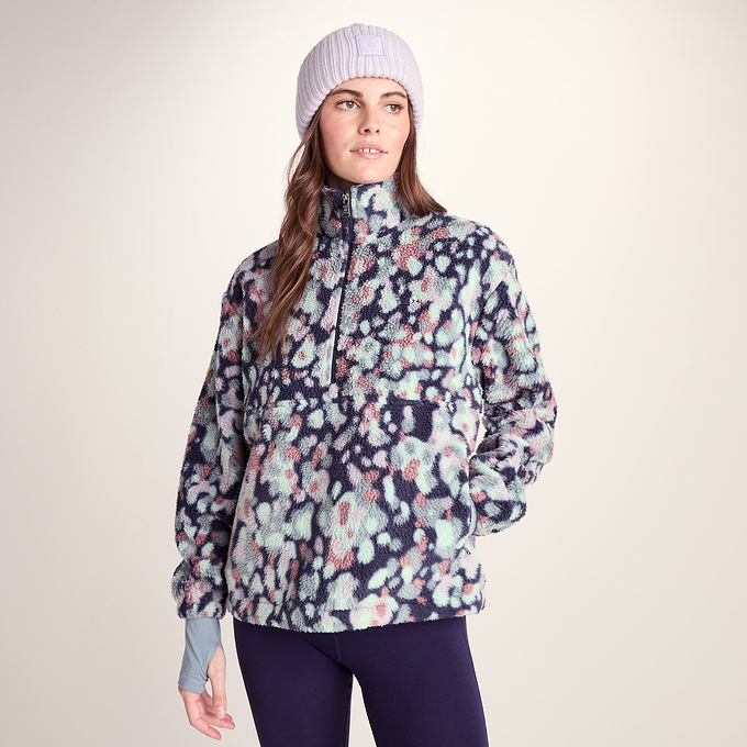 Sara Womens Relaxed Fit Sherpa Fleece Zip Neck - Pebble Print