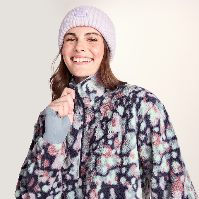 Sara Womens Relaxed Fit Sherpa Fleece Zip Neck - Pebble Print