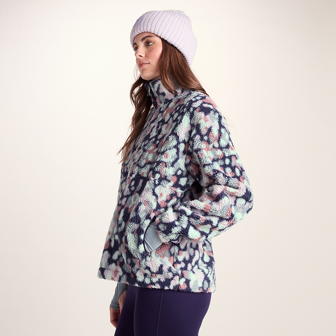 Sara Womens Relaxed Fit Sherpa Fleece Zip Neck - Pebble Print
